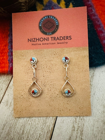 Zuni Sun Face Multi Stone & Sterling Silver Inlay Dangle Earrings