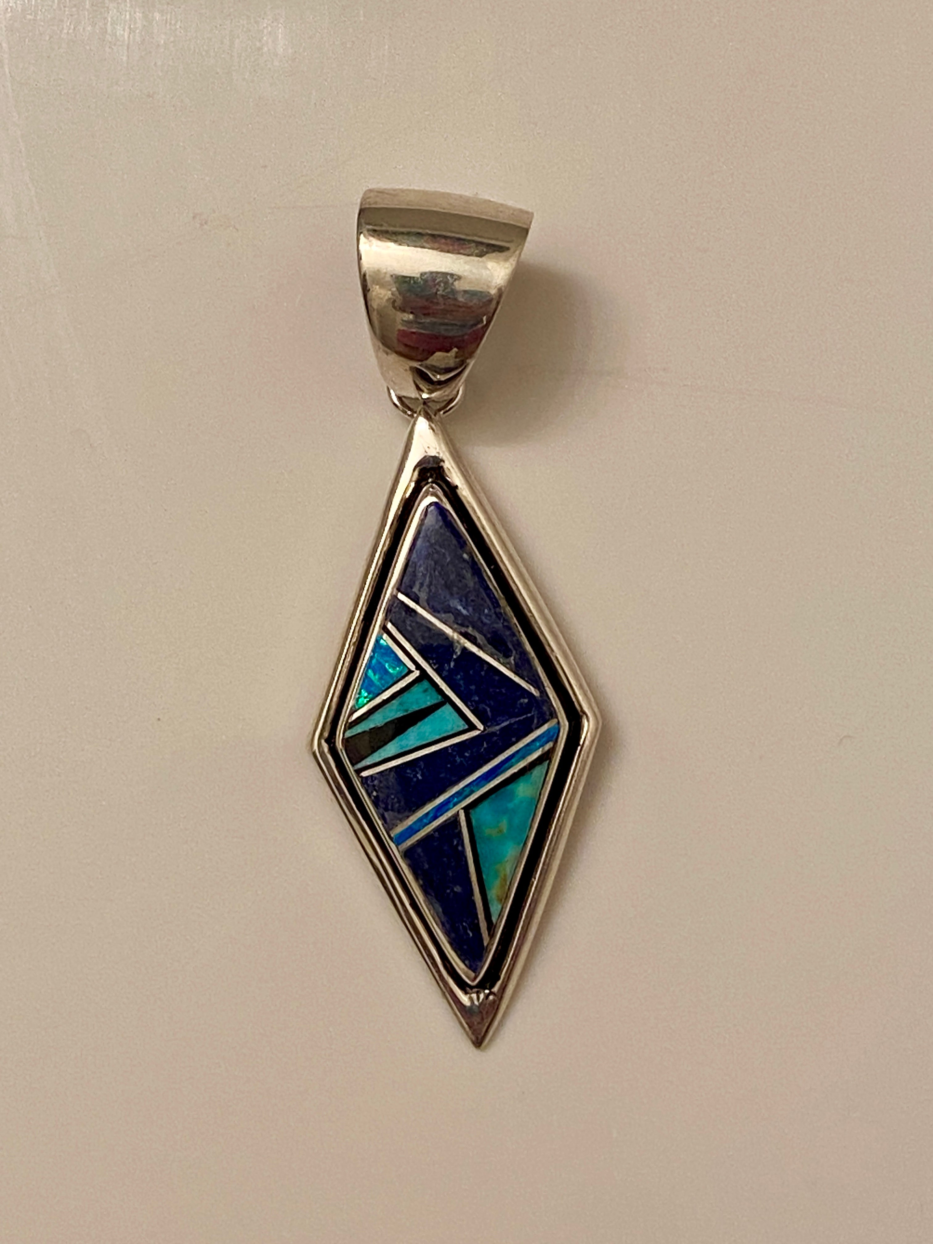 Navajo Lapis, Turquoise, Blue Opal Diamond Shape Pendant