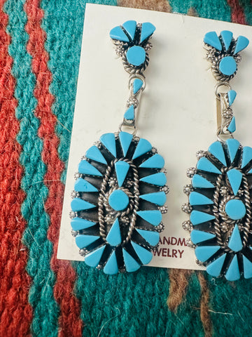 Zuni Sterling Silver & Turquoise Cluster Dangle Earrings