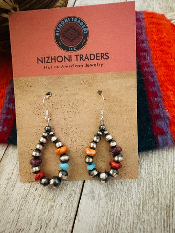 Navajo Multi Stone & Sterling Silver Pearl Beaded Dangle Hoop Earrings