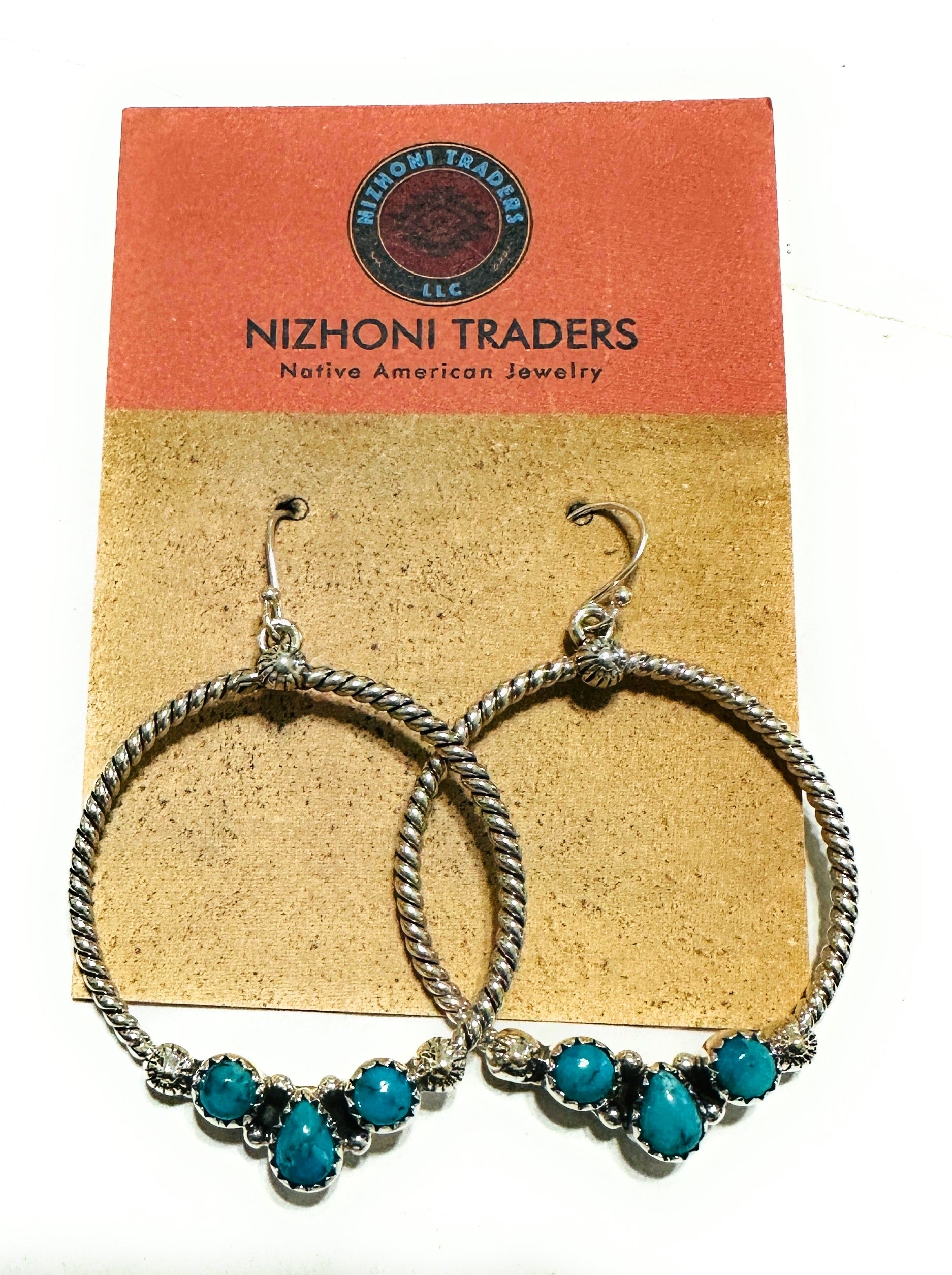 Handmade Turquoise & Sterling Silver Dangle Hoop Earrings Signed Nizhoni