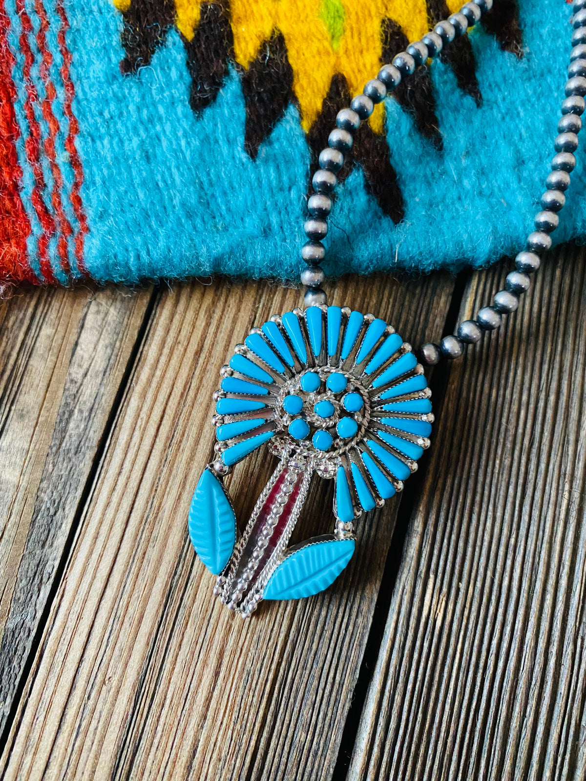 Zuni Sterling Silver & Turquoise Flower Pin/ Pendant