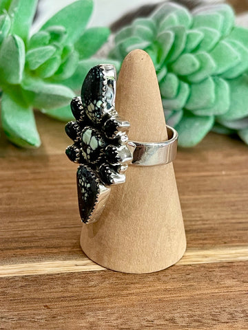 Beautiful Handmade New Lander Turquoise, Onyx And Sterling Silver Adjustable Ring