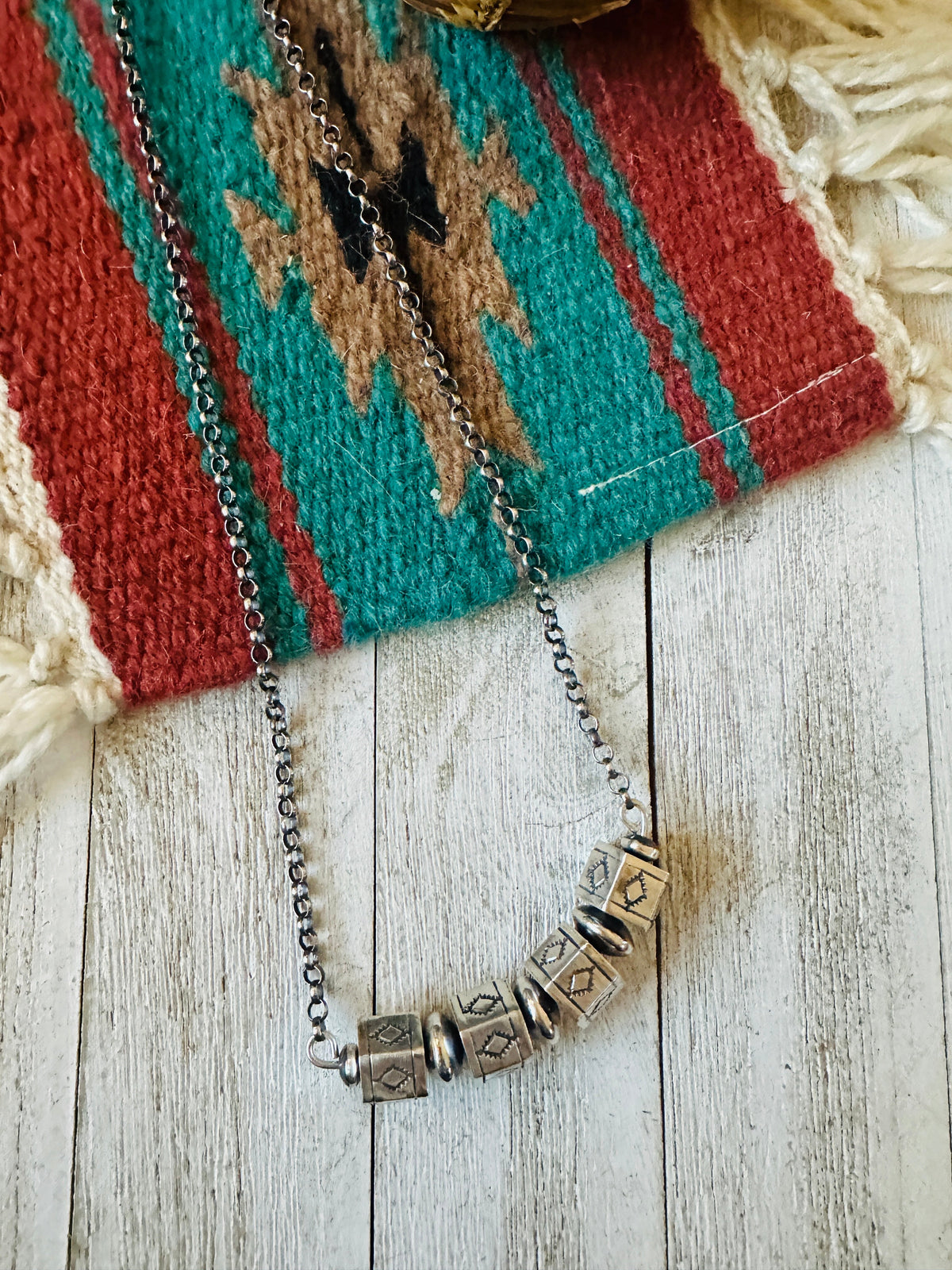 Navajo Hand Stamped Sterling Silver Beaded Chain Necklace