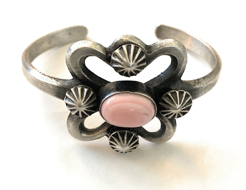 Navajo Queen Pink Conch Shell & Sterling Silver Cuff Bracelet By Chimney Butte