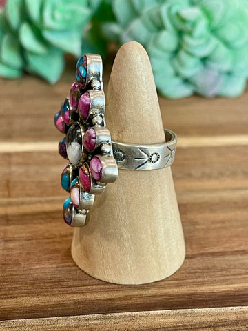 Beautiful Handmade Multi Stone And Sterling Silver Adjustable Ring