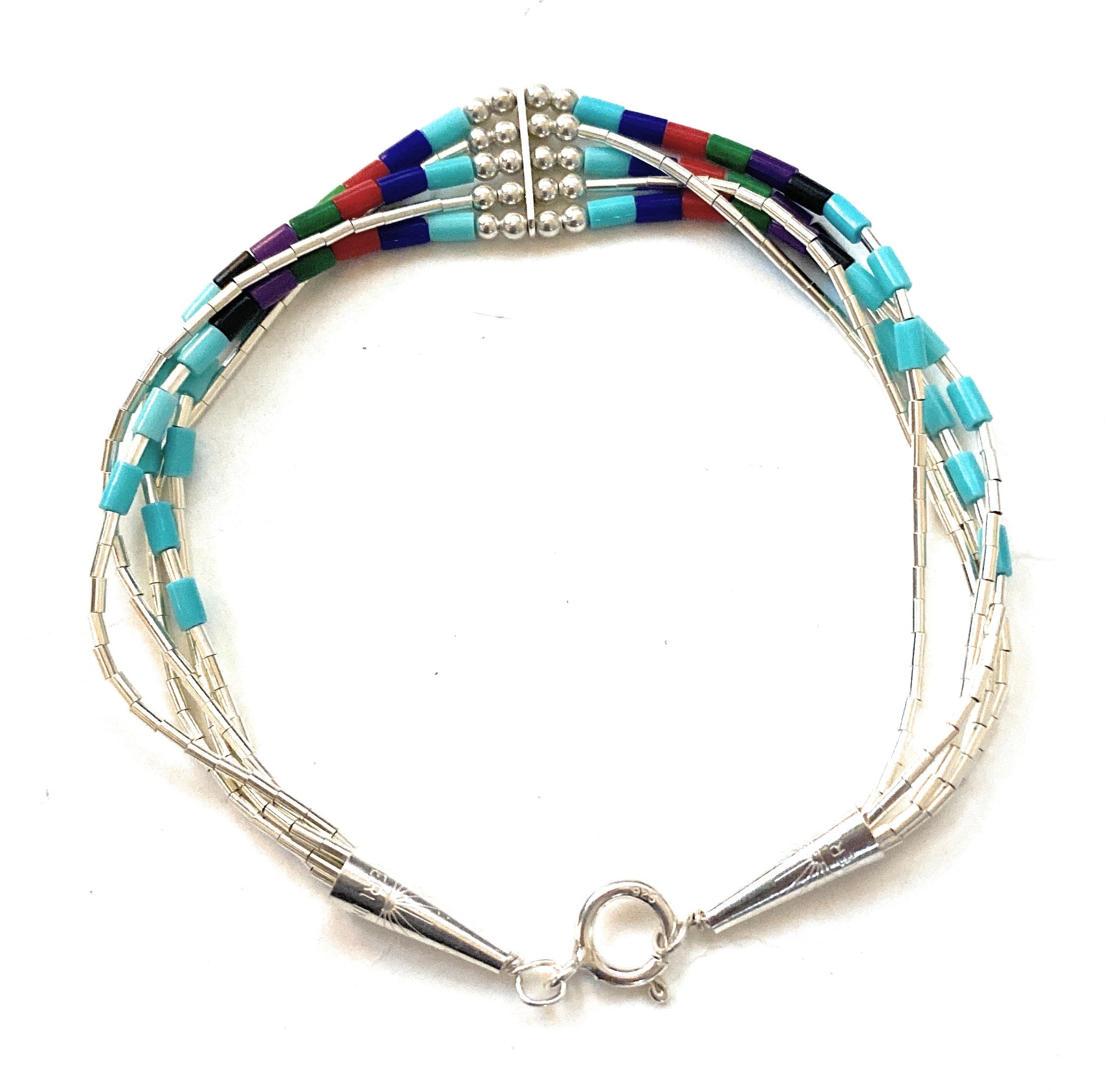 Navajo Multi Stone & Sterling Liquid Silver Beaded Bracelet