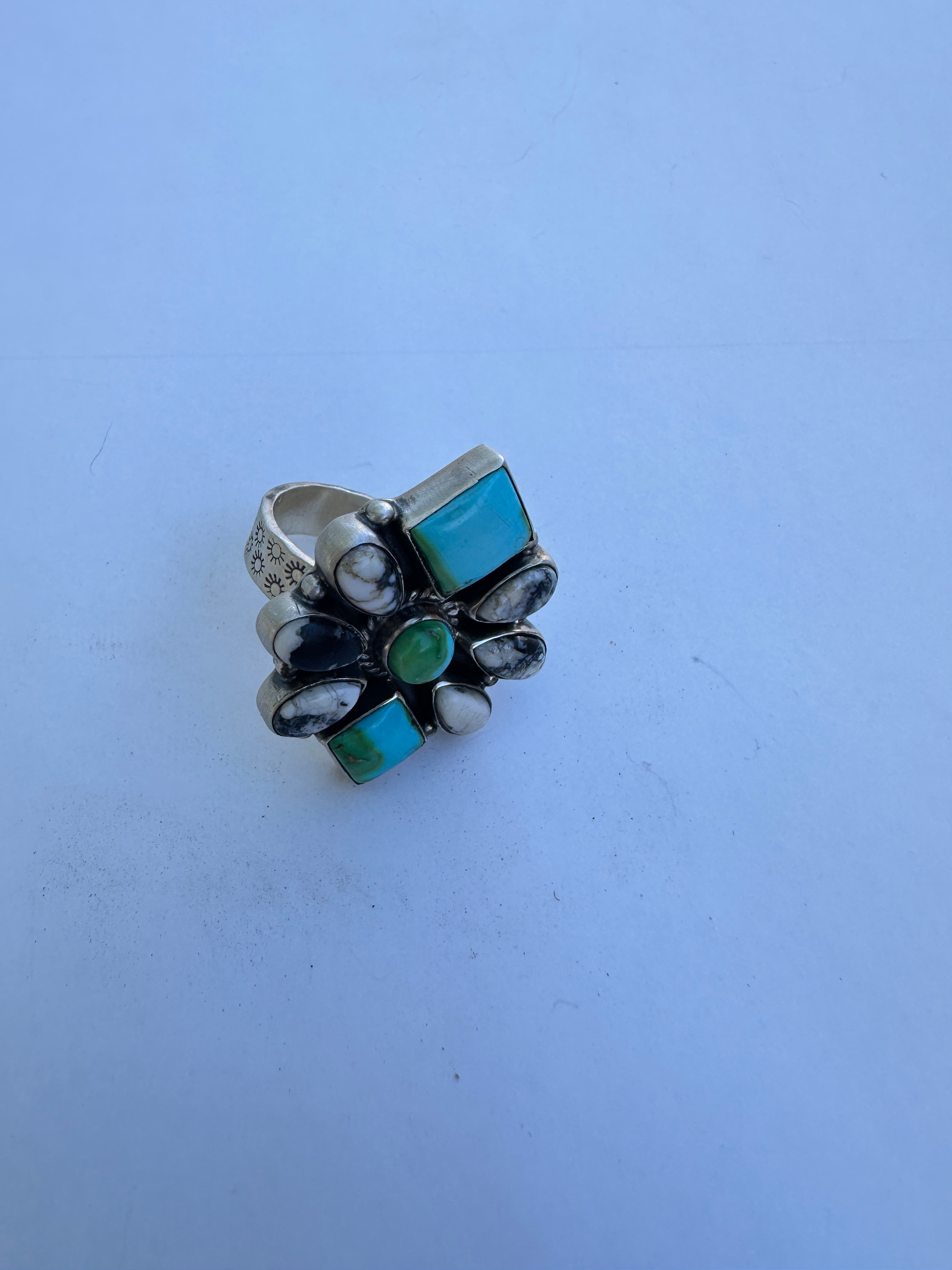 Handmade White Buffalo, Sonoran Mountain Turquoise & Sterling Silver Adjustable Ring Signed Nizhoni