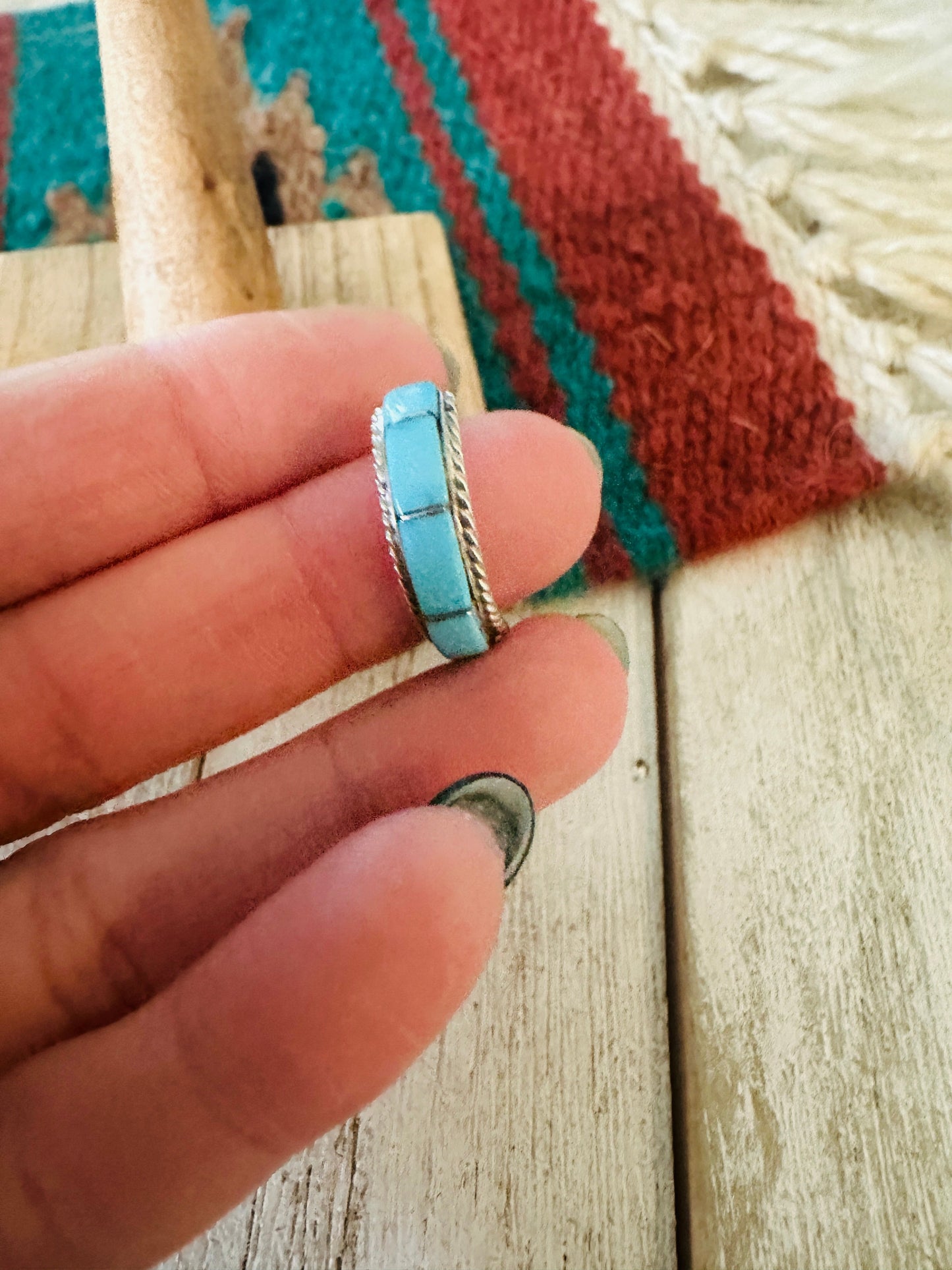 Zuni Sterling Silver & 5 Stone Turquoise Inlay Band Ring