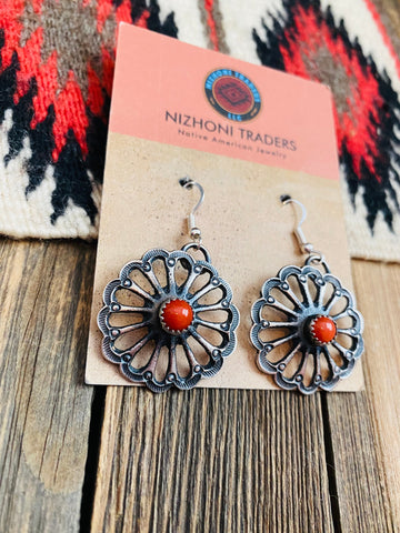 Navajo Coral & Sterling Silver Flower Dangle Earrings By Kevin Billah