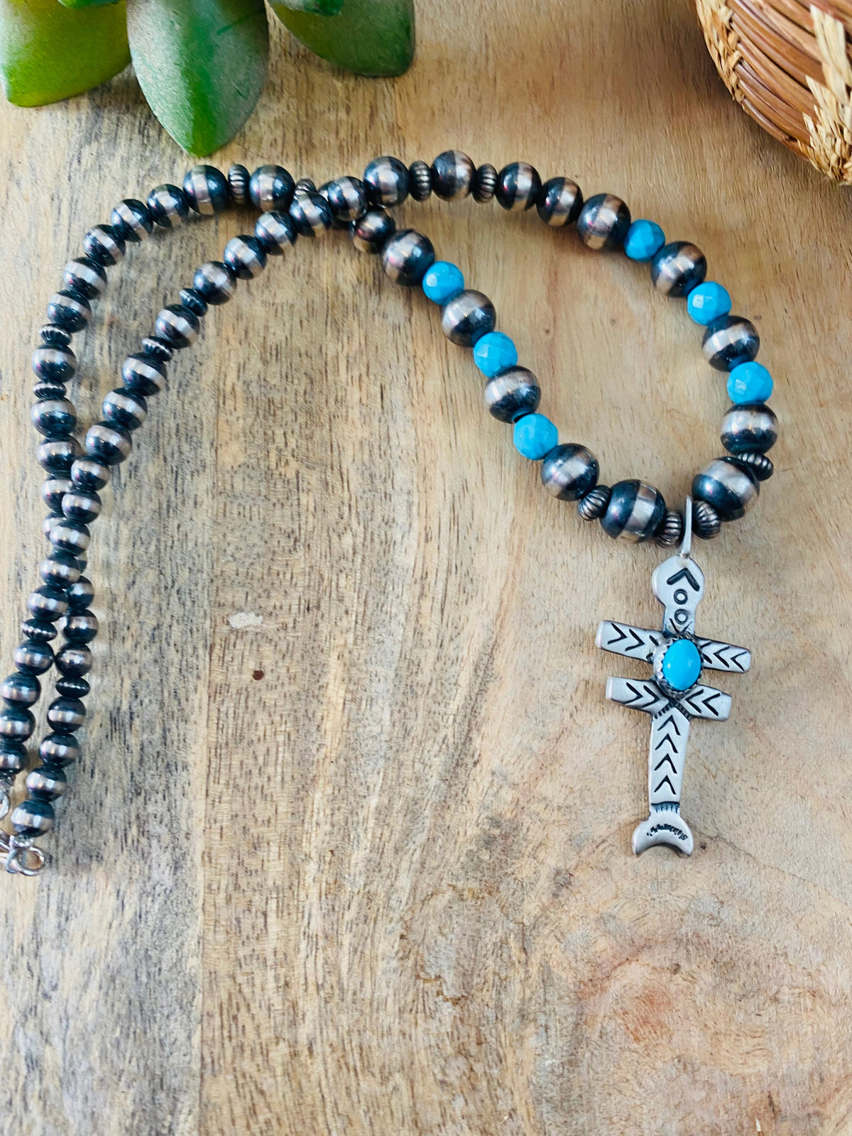 Sterling Silver Navajo Pearl & Turquoise Beaded Cross Necklace