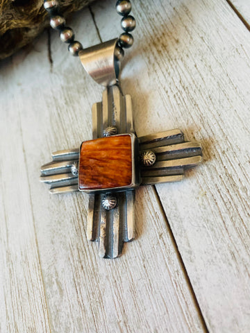 Navajo Orange Spiny & Sterling Silver Zia Cross Pendant By Chimney Butte