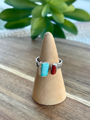 Beautiful Handmade Turquoise, Coral And Sterling Silver Adjustable Ring