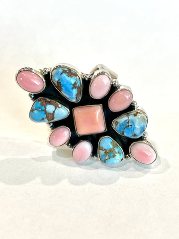 Beautiful Handmade Golden Hills Turquoise, Pink Conch And Sterling Silver Adjustable Ring