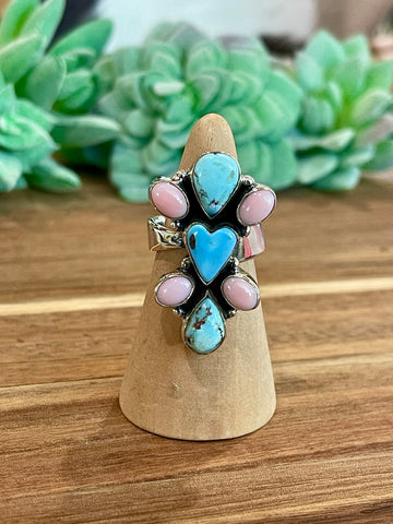 Beautiful Handmade Golden Hills Turquoise, Pink Conch And Sterling Silver Adjustable Ring