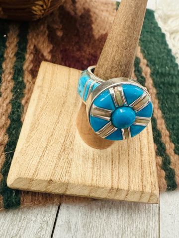 Navajo Sterling Silver, Turquoise & Opal Inlay Band Ring Size 7.5