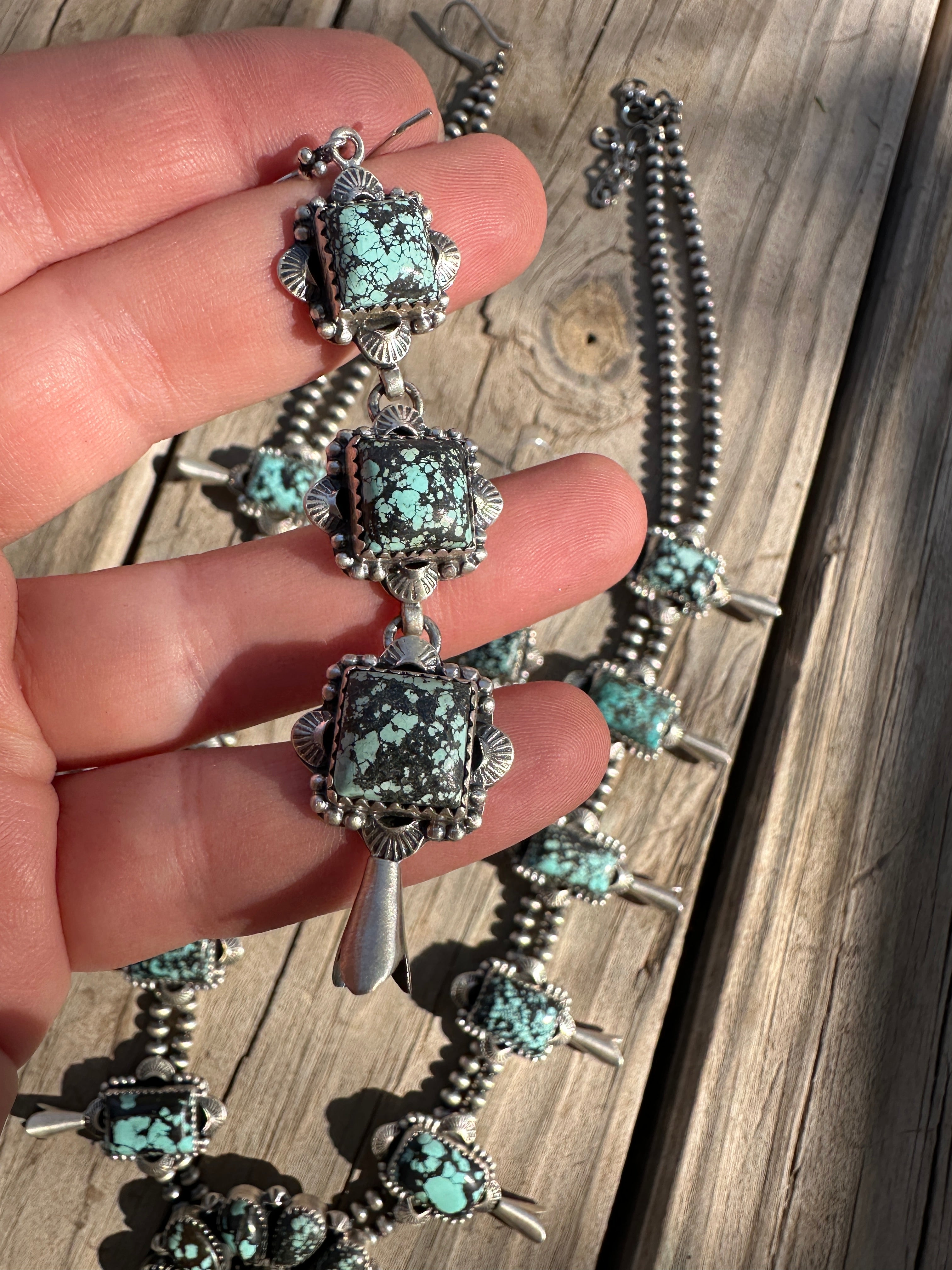 Handmade Sterling Silver & New Lander Turquoise Blossom Necklace SET Signed Nizhoni