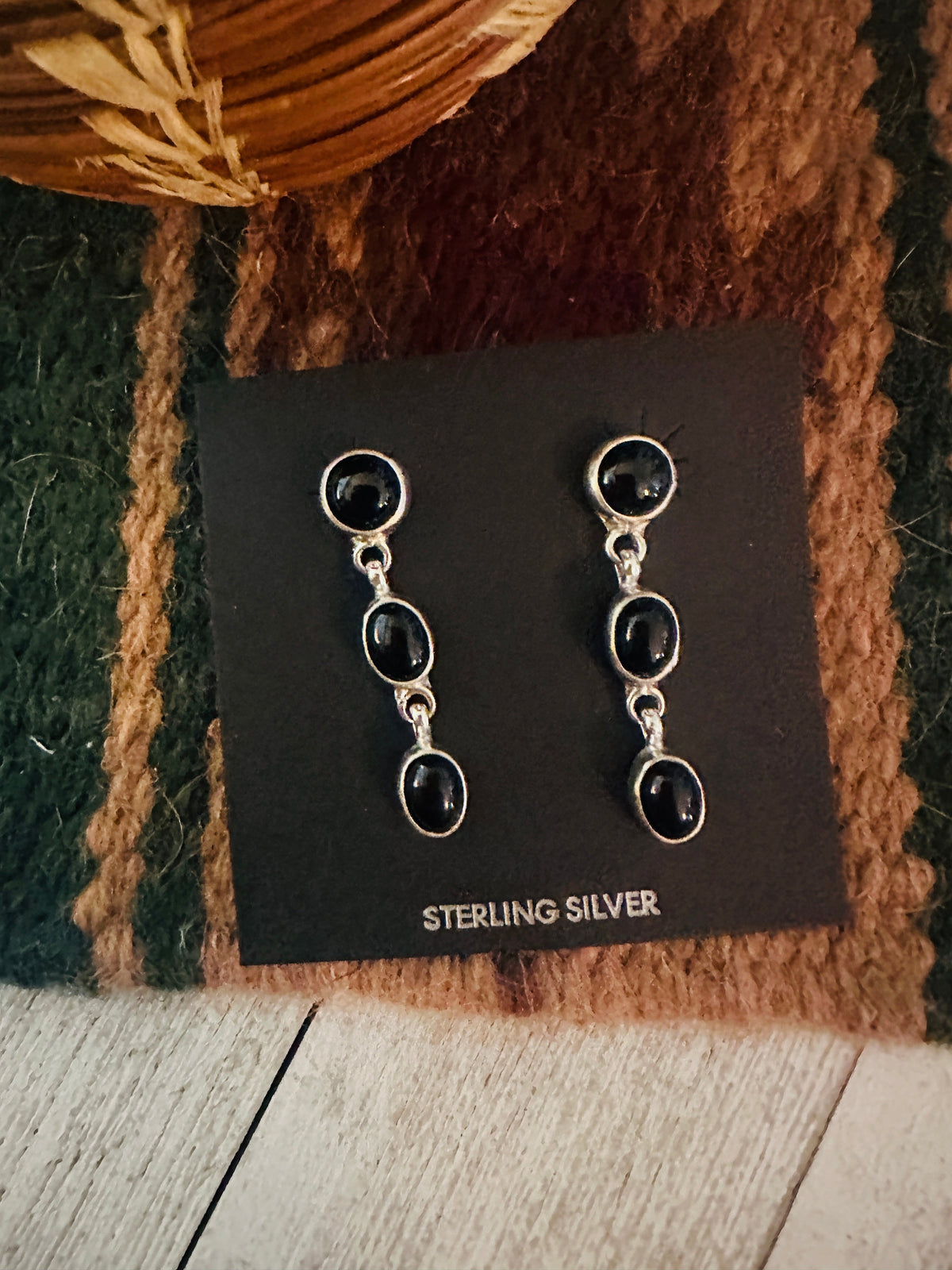 Navajo Onyx & Sterling Silver Dangle Earrings