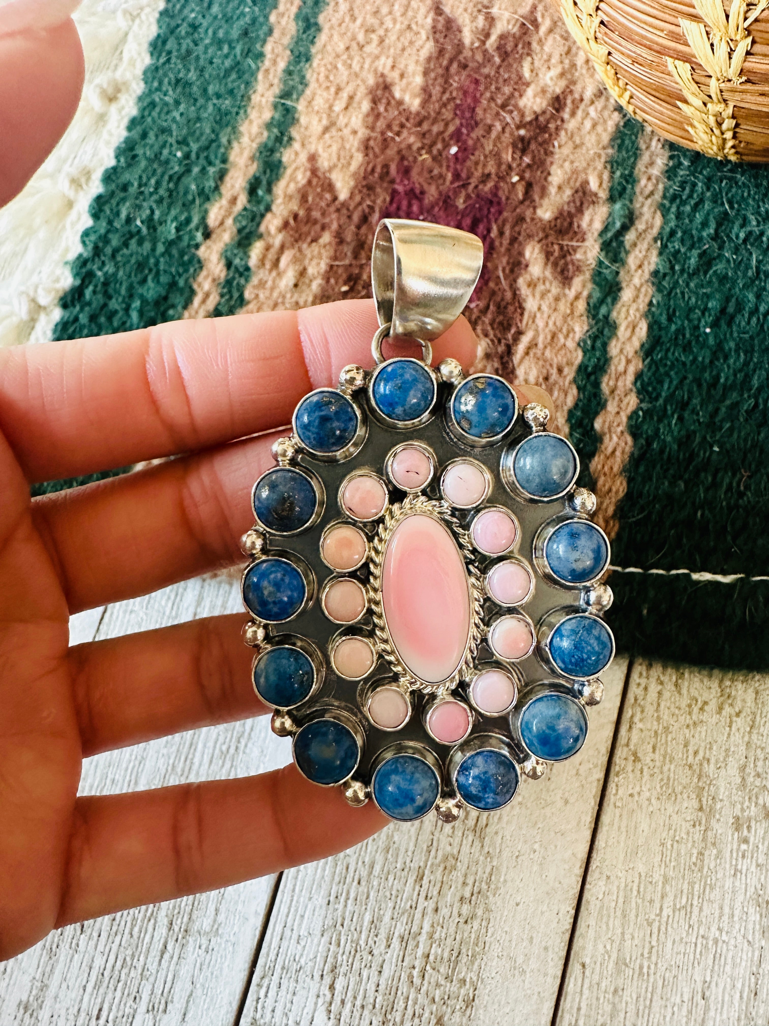 Navajo Queen Pink Conch, Lapis & Sterling Silver Cluster Pendant