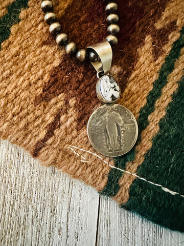 Navajo White Buffalo & Sterling Silver Liberty Quarter Pendant