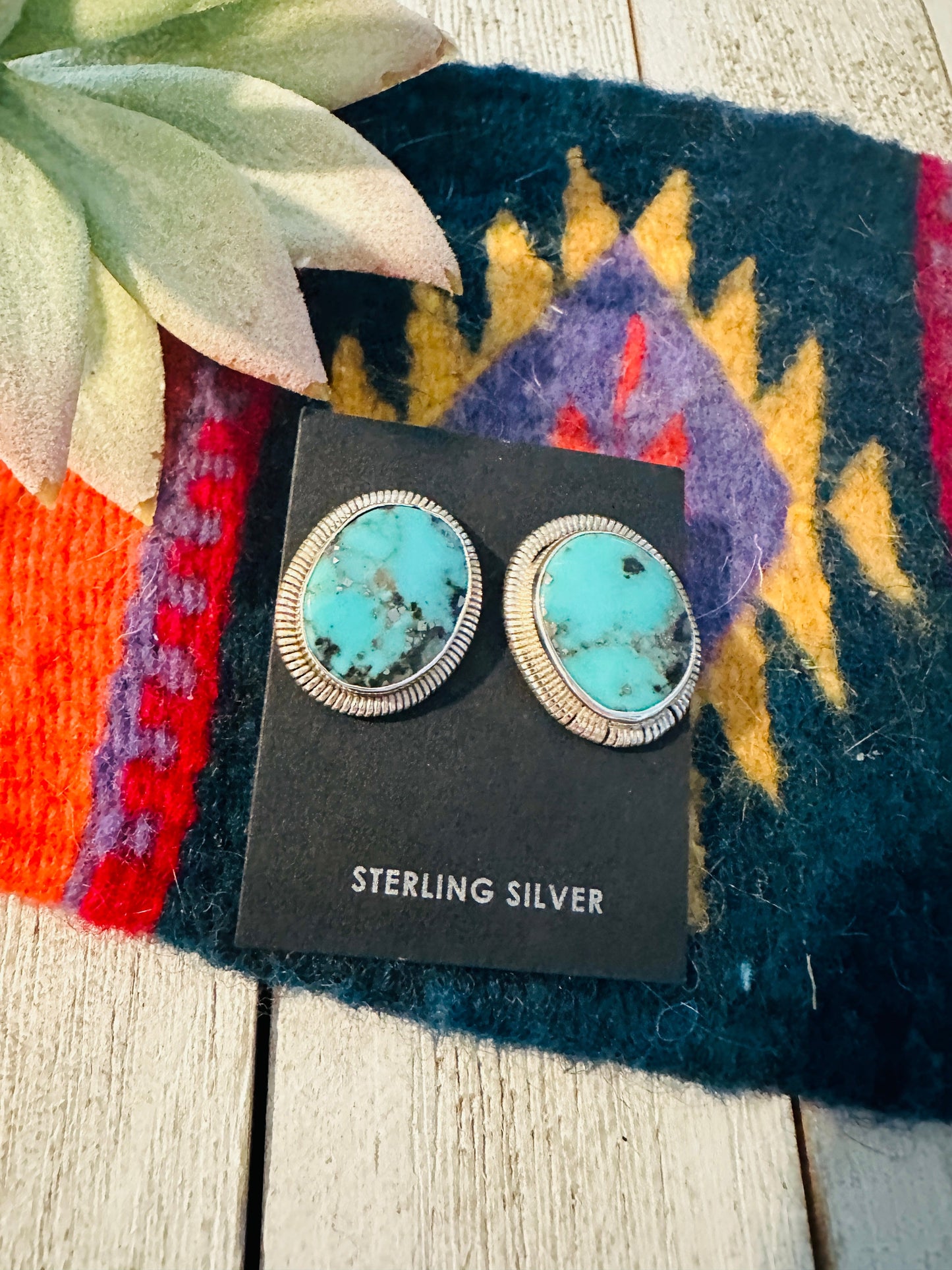 Navajo Morenci Turquoise and Sterling Silver Post Earrings by Wydell Billie