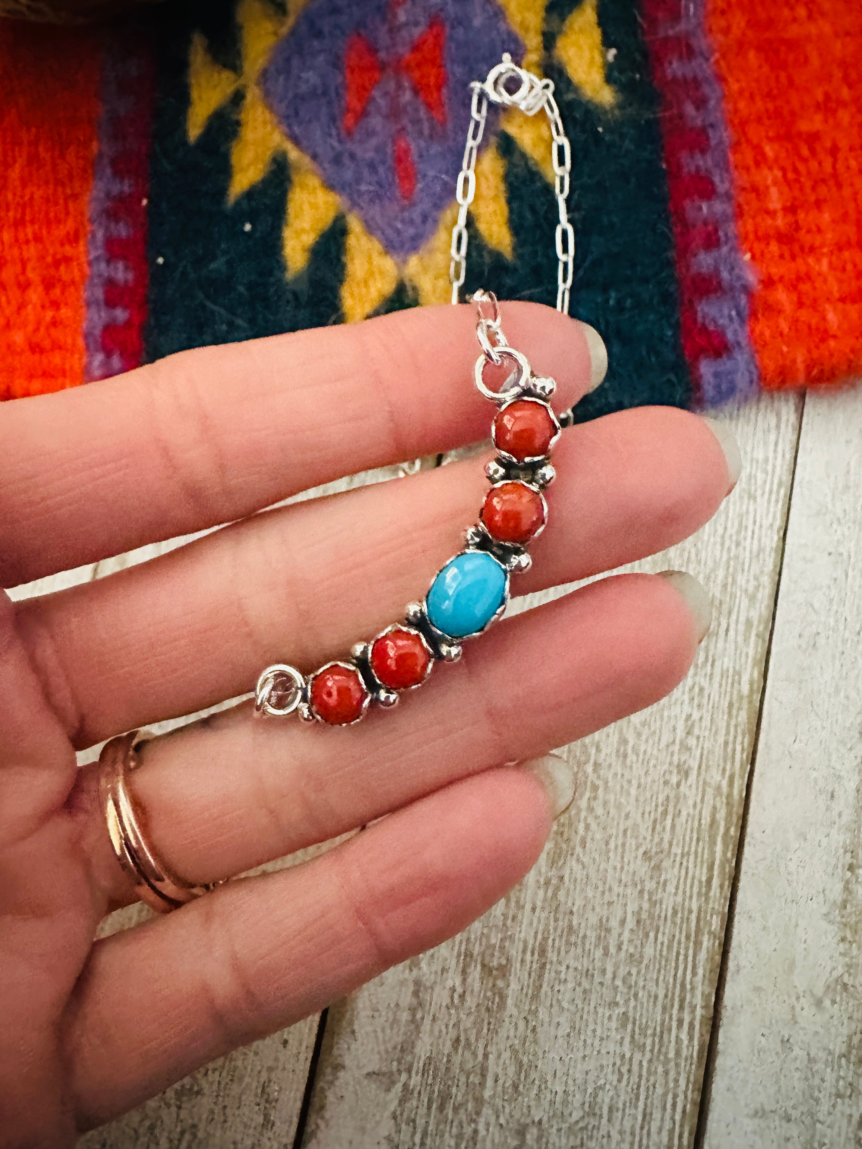 Navajo Coral, Turquoise & Sterling Silver Necklace