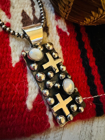 Navajo Sterling Silver & Mother of Pearl Cross Pendant by Chimney Butte