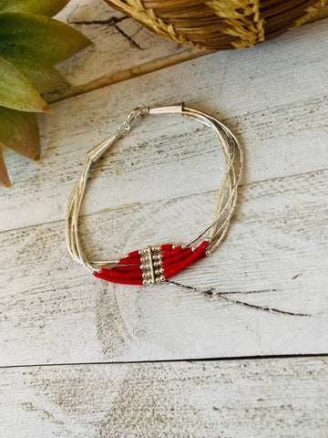 Navajo Coral & Sterling Liquid Silver Beaded Bracelet