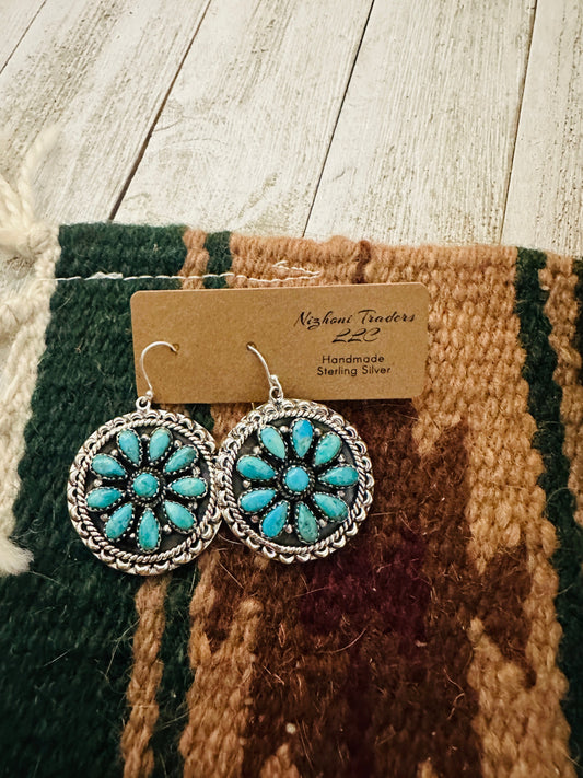 Handmade Turquoise & Sterling Silver Cluster Dangle Earrings