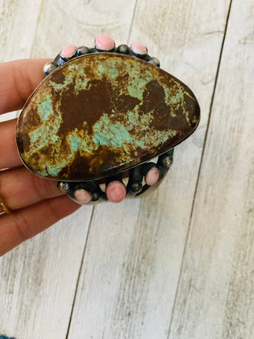 Navajo Turquoise, Queen Pink Conch Shell & Sterling Silver Cuff Bracelet By Chimney Butte