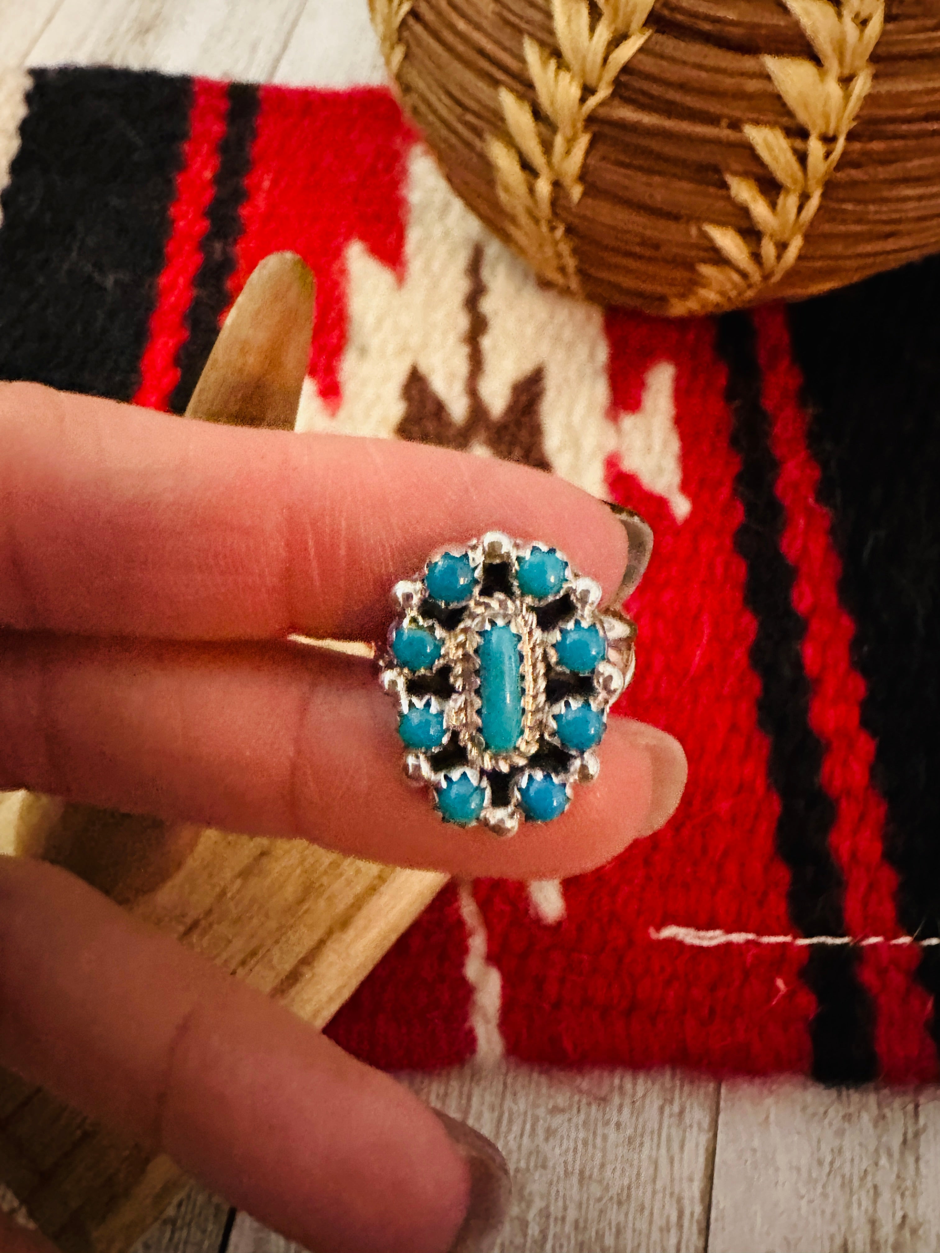 Navajo Sterling Silver & Turquoise Cluster Adjustable Ring