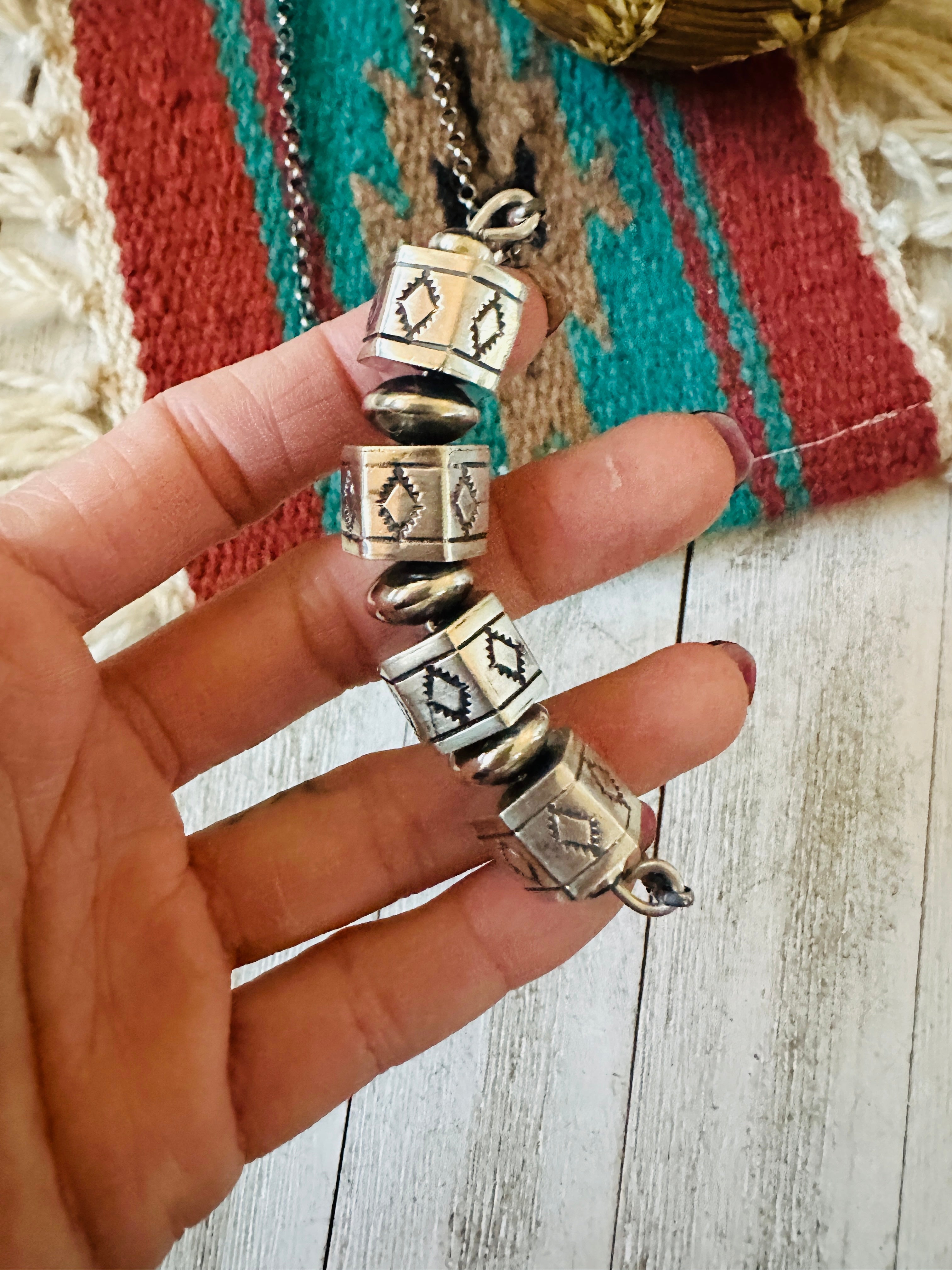 Navajo Hand Stamped Sterling Silver Beaded Chain Necklace