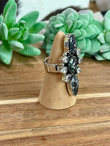 Beautiful Handmade New Lander Turquoise, Cubic Zirconia And Sterling Silver Adjustable Ring