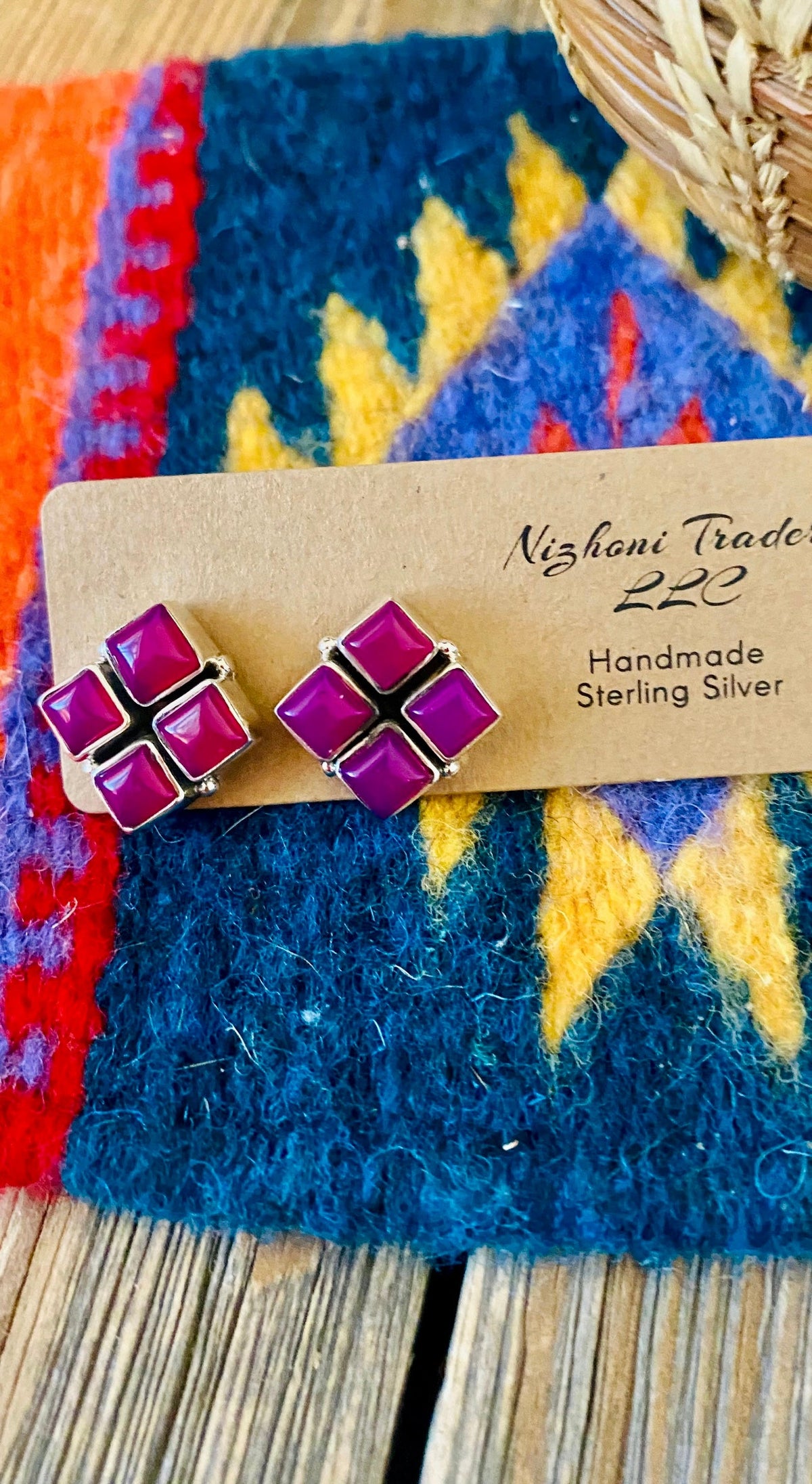 Handmade Pink Onyx & Sterling Silver Post Earrings Signed Nizhoni