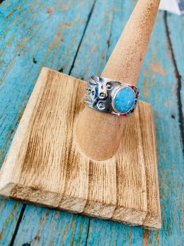 Navajo Thunderbird Sterling Silver & Blue Opal Ring Size 8