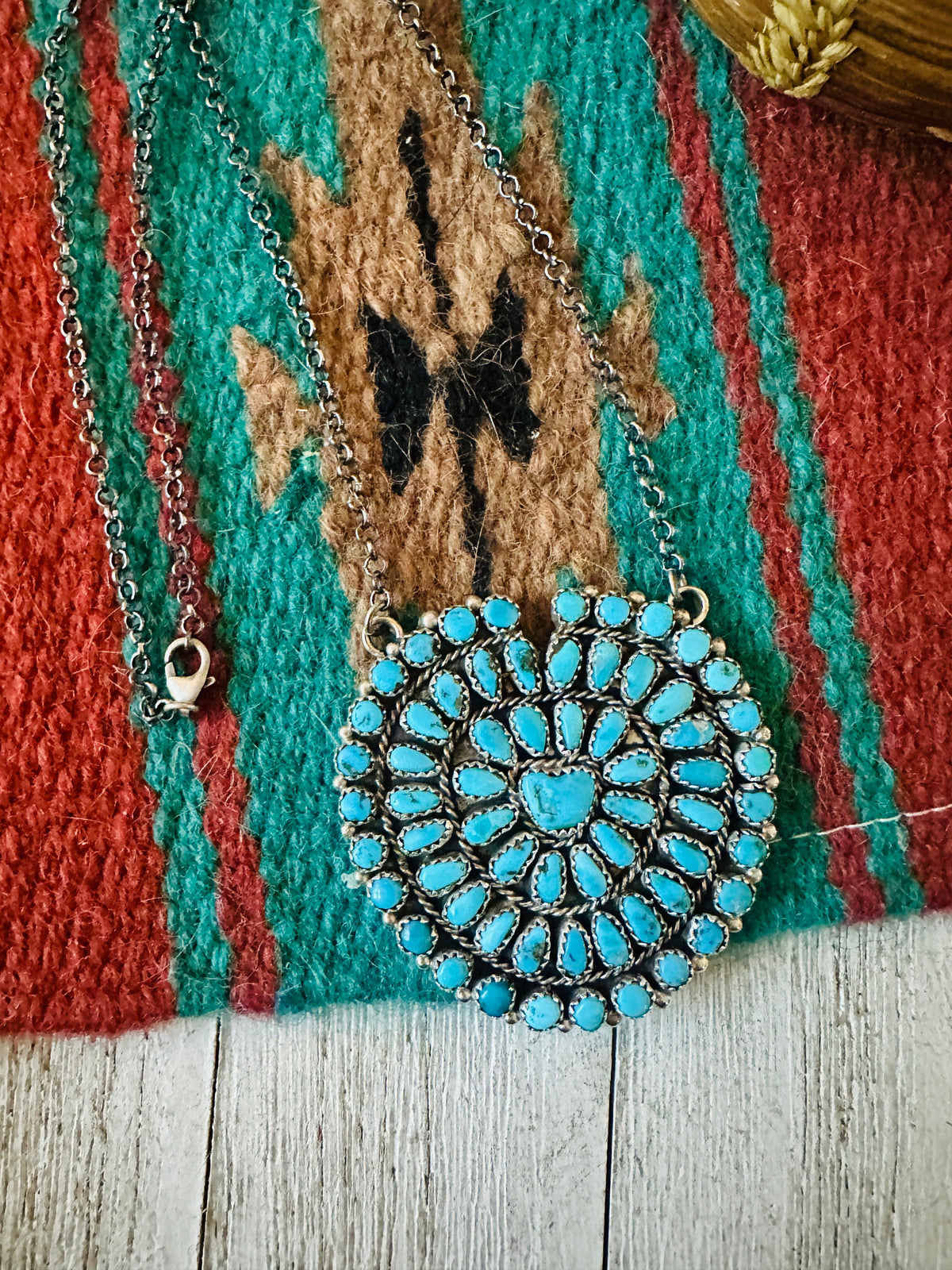 Navajo Kingman Turquoise & Sterling Silver Cluster Necklace