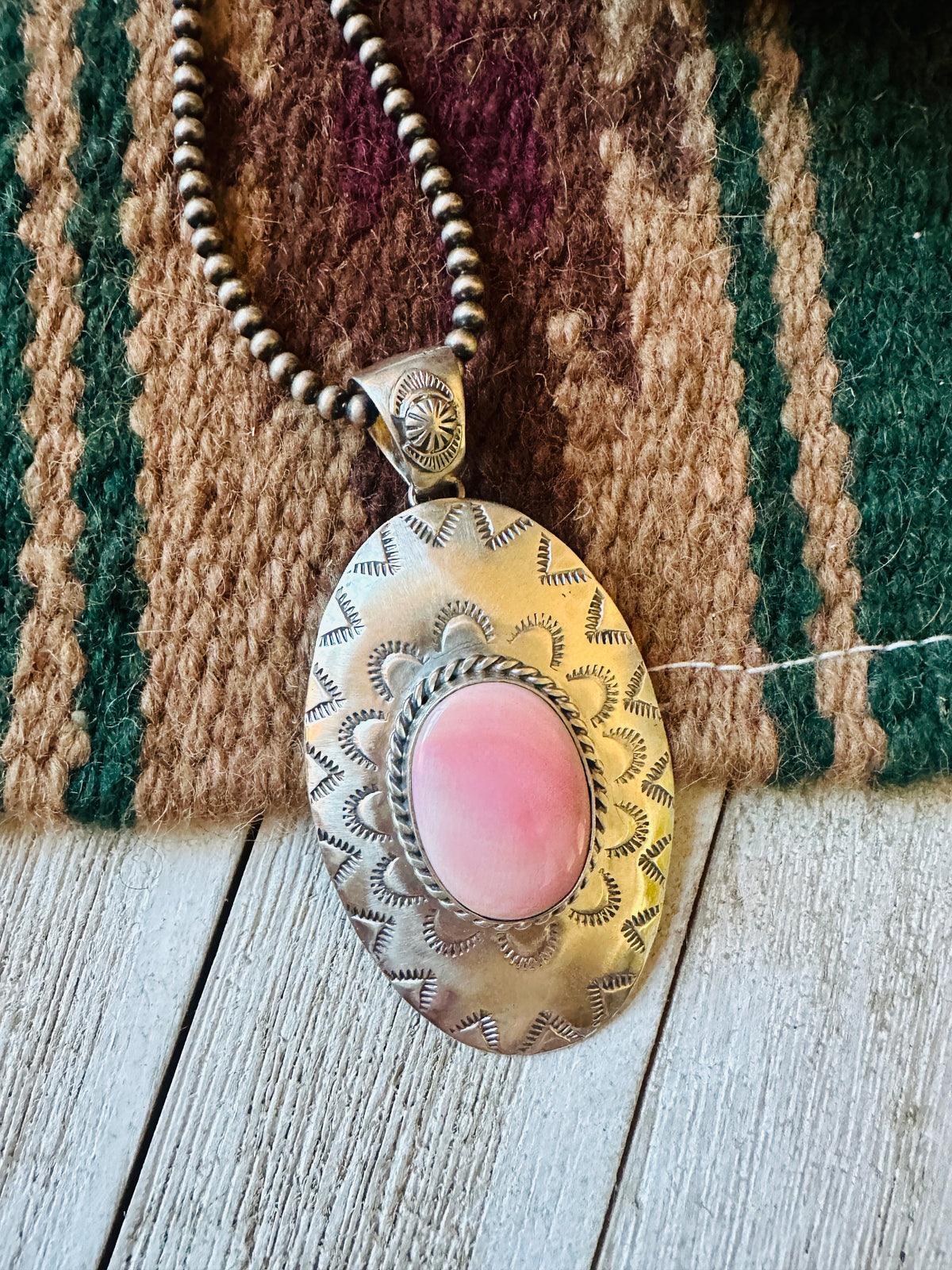 Navajo Queen Pink Conch Shell & Sterling Silver Concho Pendant