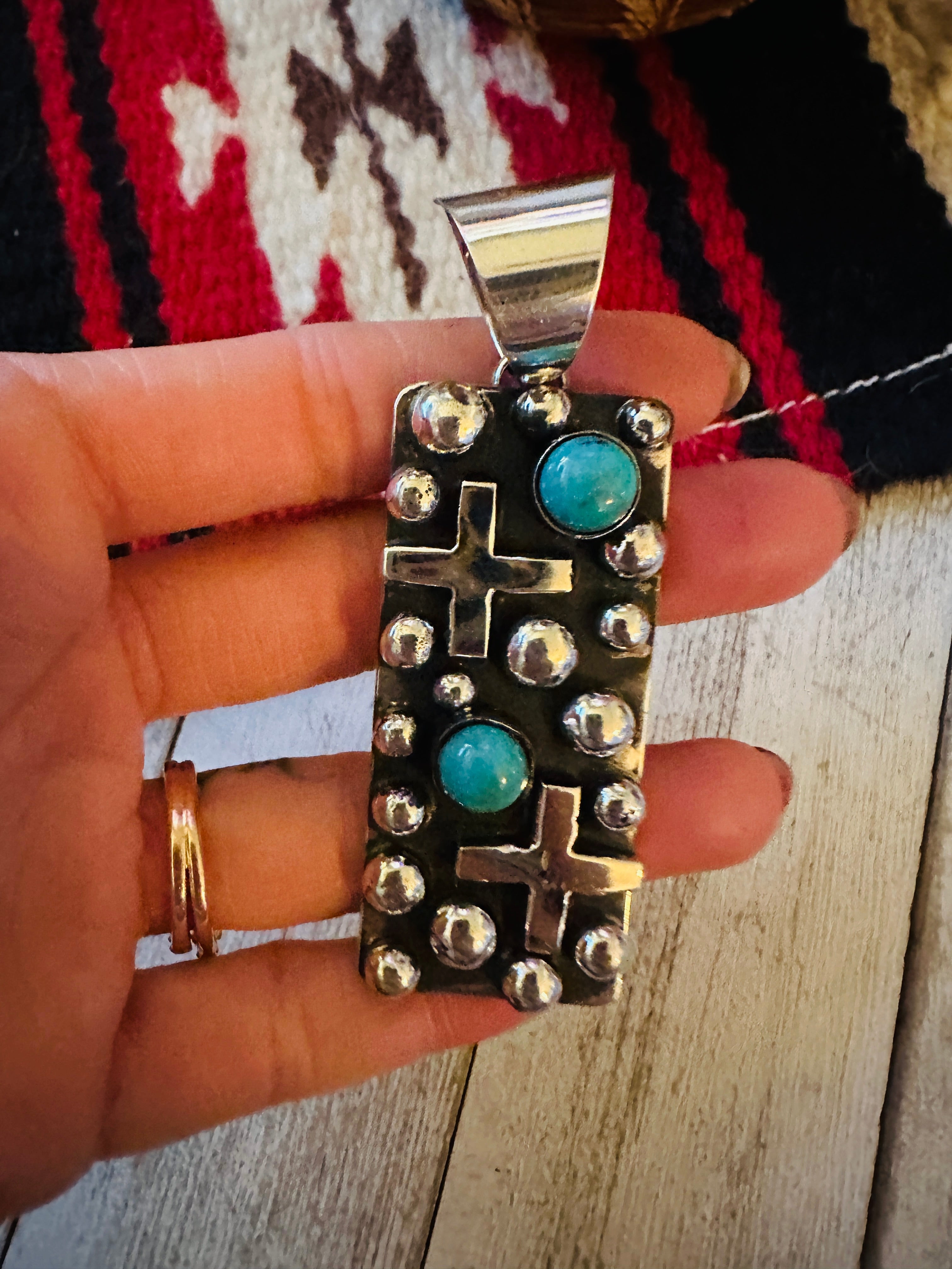 Navajo Sterling Silver & Turquoise Cross Pendant by Chimney Butte