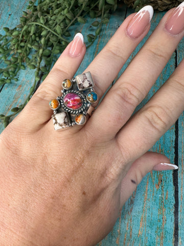 Beautiful Handmade Pink Dream Mojave, Wild Horse, Spice And Sterling Silver Adjustable Cluster Ring