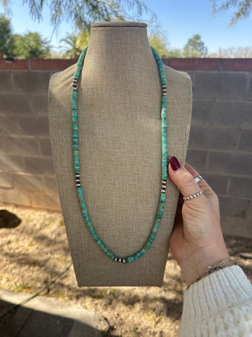 Handmade Sterling Silver & Turquoise Beaded Necklace 42”