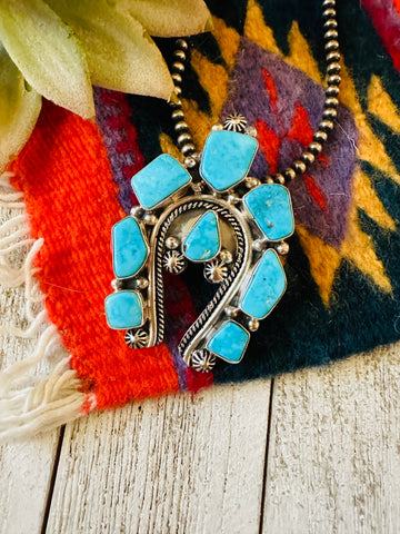 Navajo Kingman Turquoise & Sterling Silver Cluster Naja Pendant