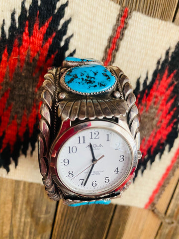 Old Pawn Vintage Navajo Turquoise & Sterling Silver Watch Cuff