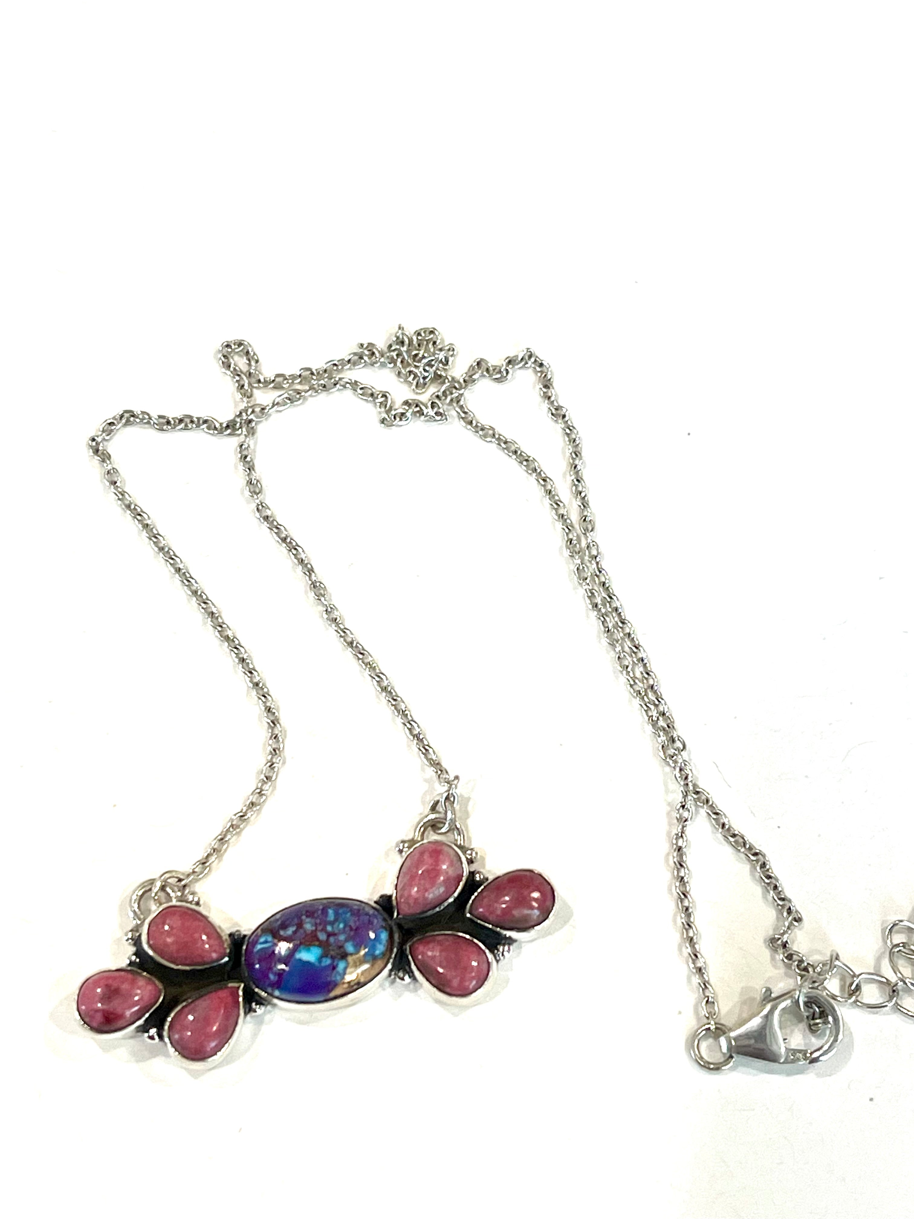 Handmade Sterling Silver, Purple Mojave & Rhodonite Bar Necklace