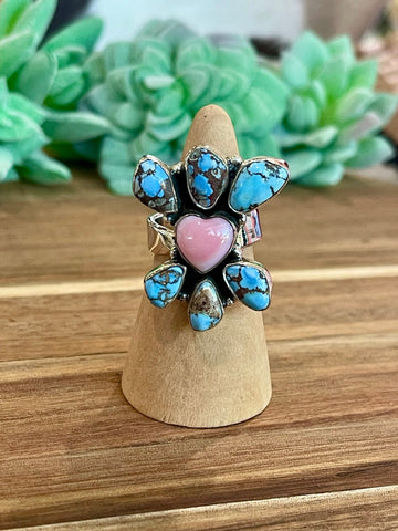 Beautiful Handmade Golden Hills Turquoise, Pink Conch And Sterling Silver Adjustable Ring