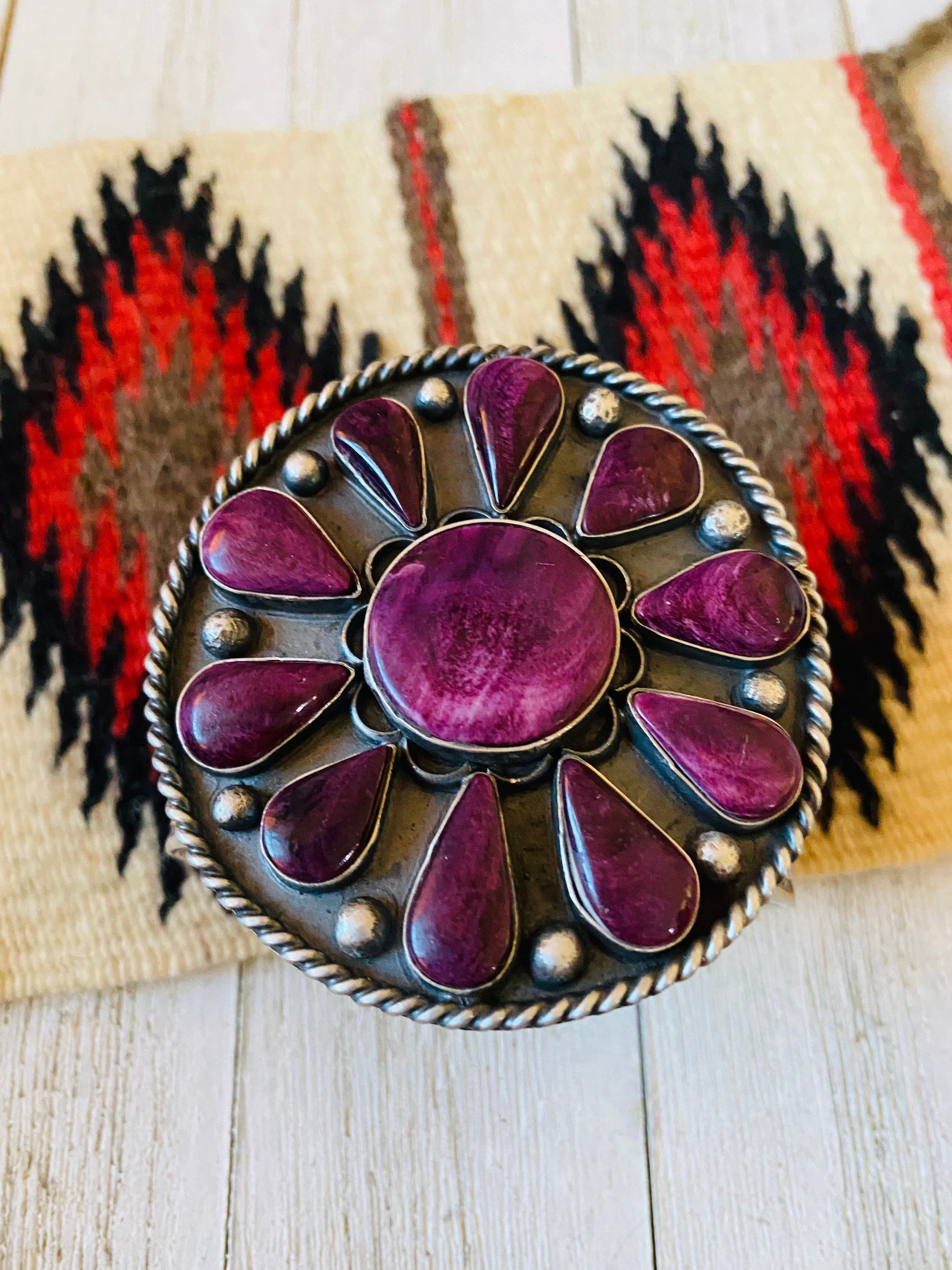 Beautiful Navajo Sterling Silver & Purple Spiny Cuff Bracelet Signed