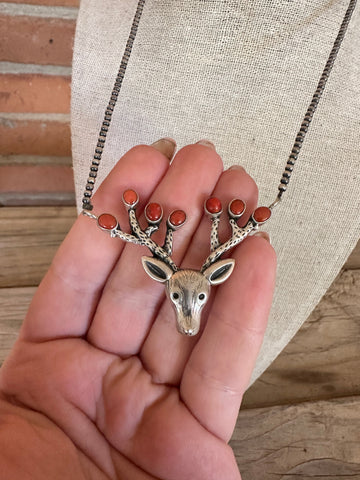 Handmade Sterling Silver Coral Beaded Reindeer Necklace