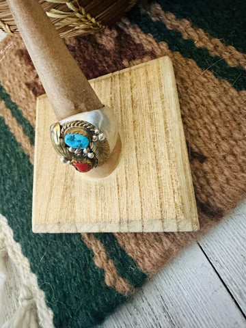 Vintage Navajo Sterling Silver, 14K Gold, Turquoise & Coral Ring Size 10