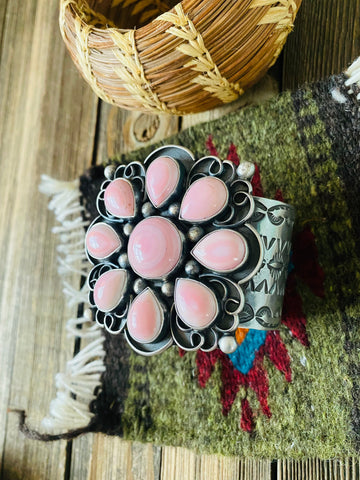 Navajo Queen Pink Conch Shell & Sterling Silver Cluster Cuff Bracelet Signed