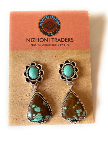 Navajo Number 8 Turquoise & Sterling Silver Flower Dangle Earrings