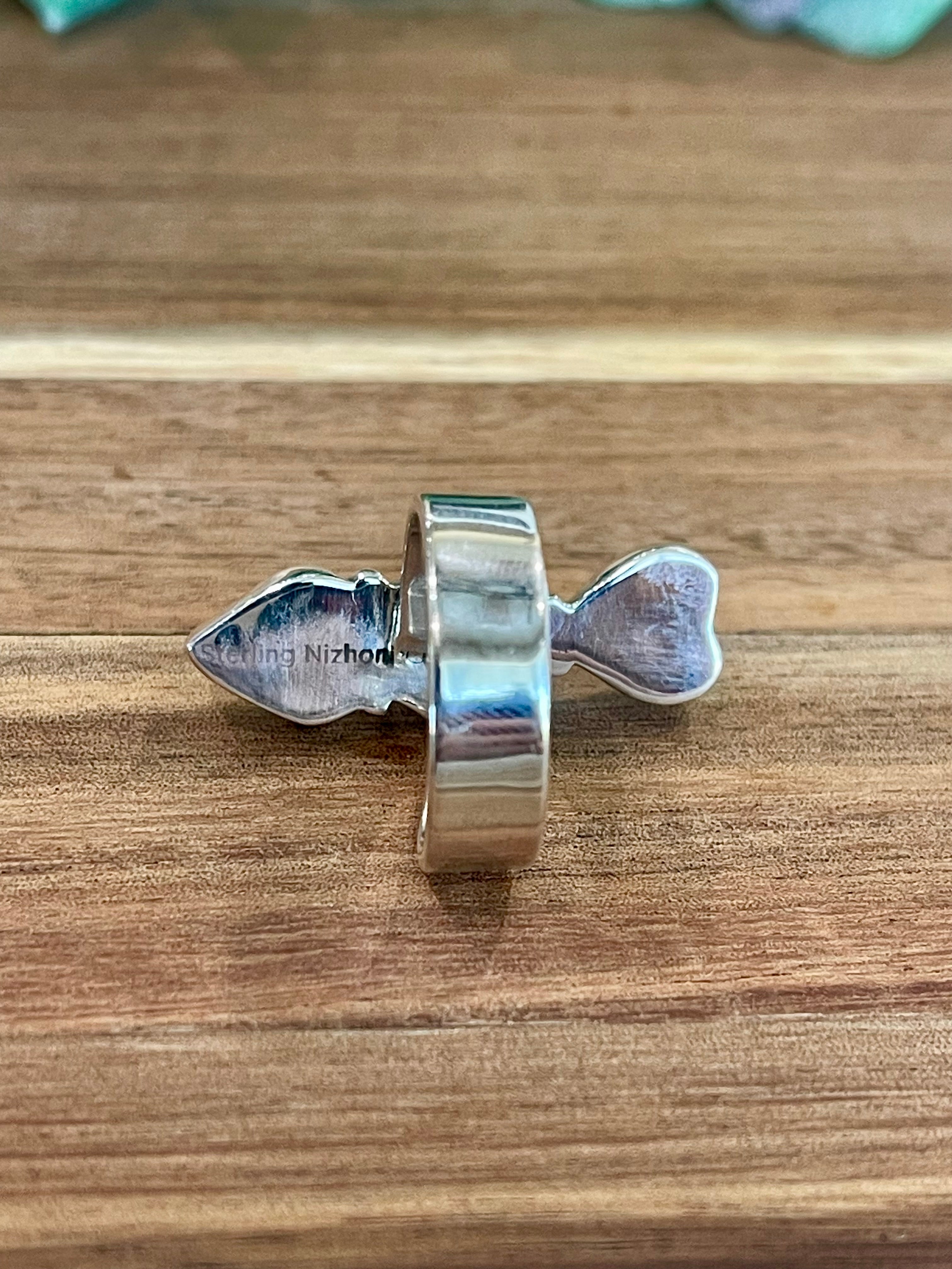 Beautiful Handmade Golden Hills Turquoise, Pink Conch And Sterling Silver Adjustable Ring